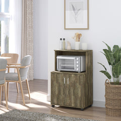 Microwave Cart on Wheels Utility Trolley Storage Sideboard Bookcase with 2-door Cabinet, Grey Wood Grain