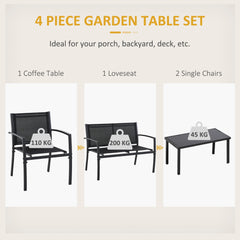 4-Piece Patio Furniture Set with Glass Top Coffee Table, Breathable Mesh Seat & Backrest for Garden, Balcony, Black