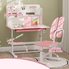 Adjustable Height Kids Desk and Chair Set, Kids Study Table and Chair with Tilt Desktop, Drawer, Reading Rack, Pink