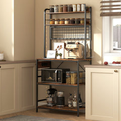 Kitchen Baker's Rack with Power Outlet and LED Light, 5-Tier Coffee Bar Station with 10 Hooks, Grey