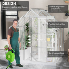 6' x 4' Walk-In Greenhouse, Polycarbonate Greenhouse with Sliding Door, Window, Aluminium Frame, Foundation, Silver