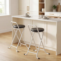 Foldable Bar Stools Set of 2, Folding Kitchen Chairs with PU Cushioned Seat, Footrest, Black