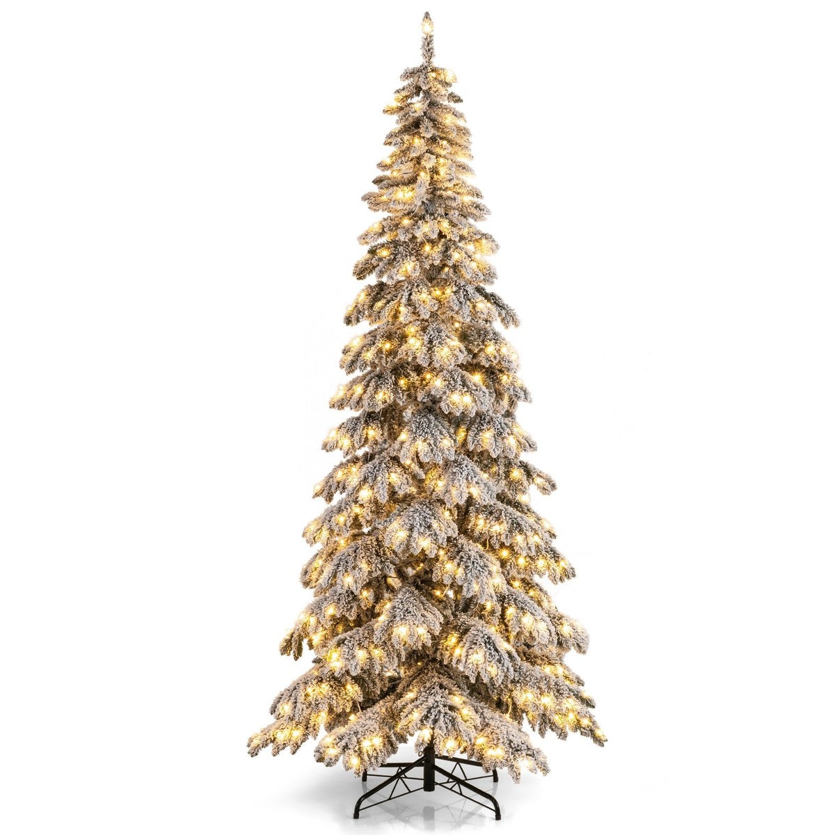 9 FT Snow Flocked Pre-Lit Christmas Tree with Quick Power Connectors, Foot Pedal Switch and Tree Skirt