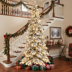 9 FT Snow Flocked Pre-Lit Christmas Tree with Quick Power Connectors, Foot Pedal Switch and Tree Skirt