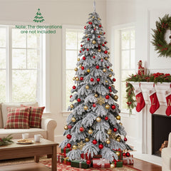 9 FT Snow Flocked Pre-Lit Christmas Tree with Quick Power Connectors, Foot Pedal Switch and Tree Skirt