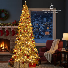 9 FT Snow Flocked Pre-Lit Christmas Tree with Quick Power Connectors, Foot Pedal Switch and Tree Skirt