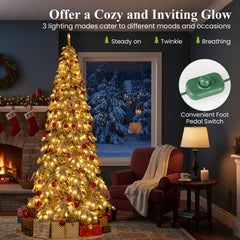 9 FT Snow Flocked Pre-Lit Christmas Tree with Quick Power Connectors, Foot Pedal Switch and Tree Skirt