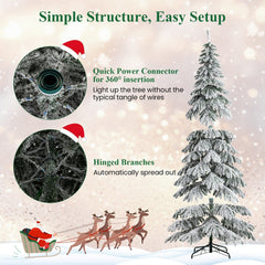 9 FT Snow Flocked Pre-Lit Christmas Tree with Quick Power Connectors, Foot Pedal Switch and Tree Skirt