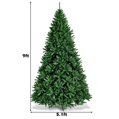 9 FT Artificial Christmas Tree, Unlit Hinged Xmas Tree with 3594 Branch Tips and Metal Stand