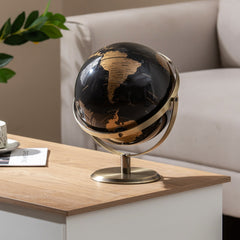 9-Inch Metallic Black World Globe with Metal Stand-Golden