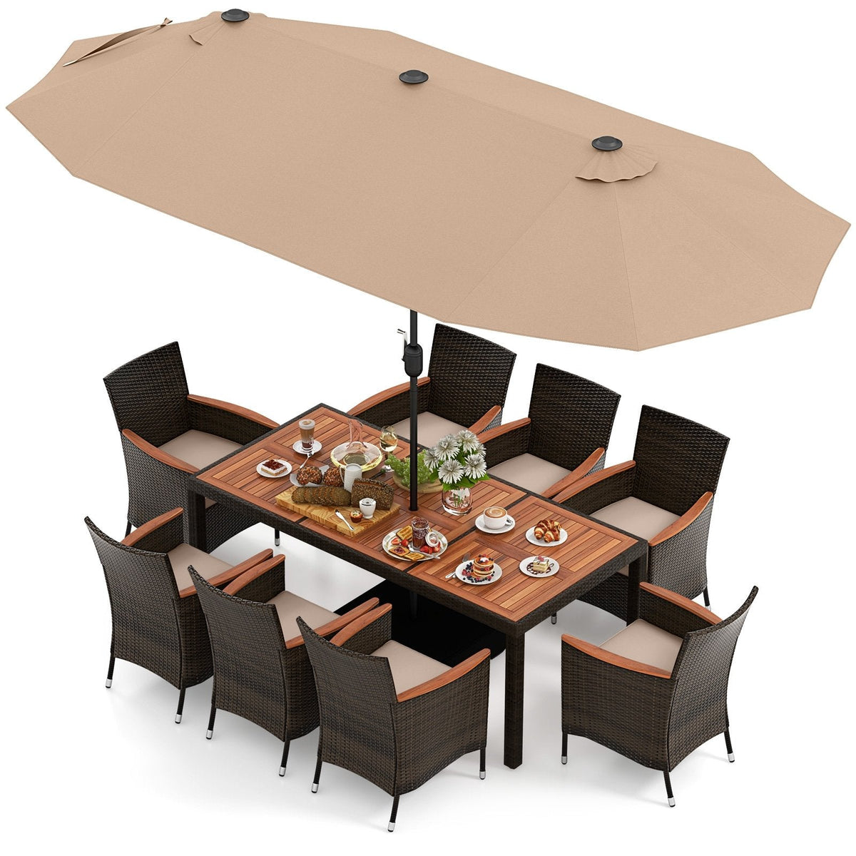 10 Piece Patio Dining Set, 15 FT Double-Sided Brown Umbrella, 71 Inch Acacia Topped Table and 8 Stackable Rattan Armchairs