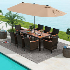 10 Piece Patio Dining Set, 15 FT Double-Sided Brown Umbrella, 71 Inch Acacia Topped Table and 8 Stackable Rattan Armchairs
