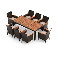 10 Piece Patio Dining Set, 15 FT Double-Sided Brown Umbrella, 71 Inch Acacia Topped Table and 8 Stackable Rattan Armchairs