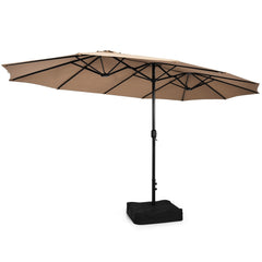 10 Piece Patio Dining Set, 15 FT Double-Sided Brown Umbrella, 71 Inch Acacia Topped Table and 8 Stackable Rattan Armchairs