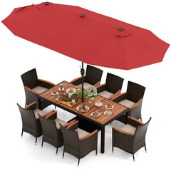 10 Piece Patio Dining Set with 15 FT Double-Sided Red Umbrella, Acacia Topped Table and 8 Cushioned Stackable Rattan Chairs