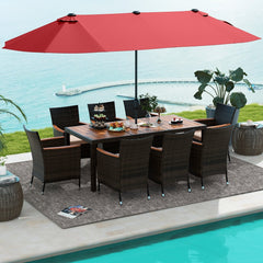 10 Piece Patio Dining Set with 15 FT Double-Sided Red Umbrella, Acacia Topped Table and 8 Cushioned Stackable Rattan Chairs