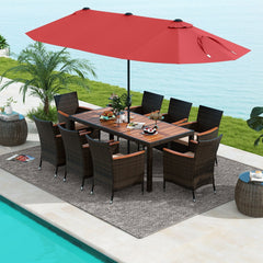 10 Piece Patio Dining Set with 15 FT Double-Sided Red Umbrella, Acacia Topped Table and 8 Cushioned Stackable Rattan Chairs