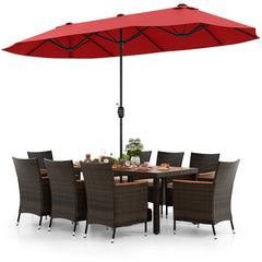 10 Piece Patio Dining Set with 15 FT Double-Sided Red Umbrella, Acacia Topped Table and 8 Cushioned Stackable Rattan Chairs