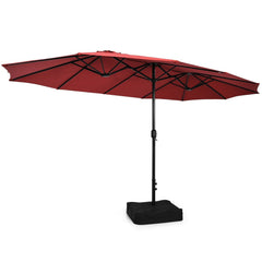 10 Piece Patio Dining Set with 15 FT Double-Sided Red Umbrella, Acacia Topped Table and 8 Cushioned Stackable Rattan Chairs