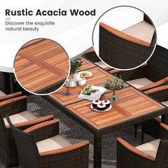 10 Piece Patio Dining Set with 15 FT Double-Sided Red Umbrella, Acacia Topped Table and 8 Cushioned Stackable Rattan Chairs