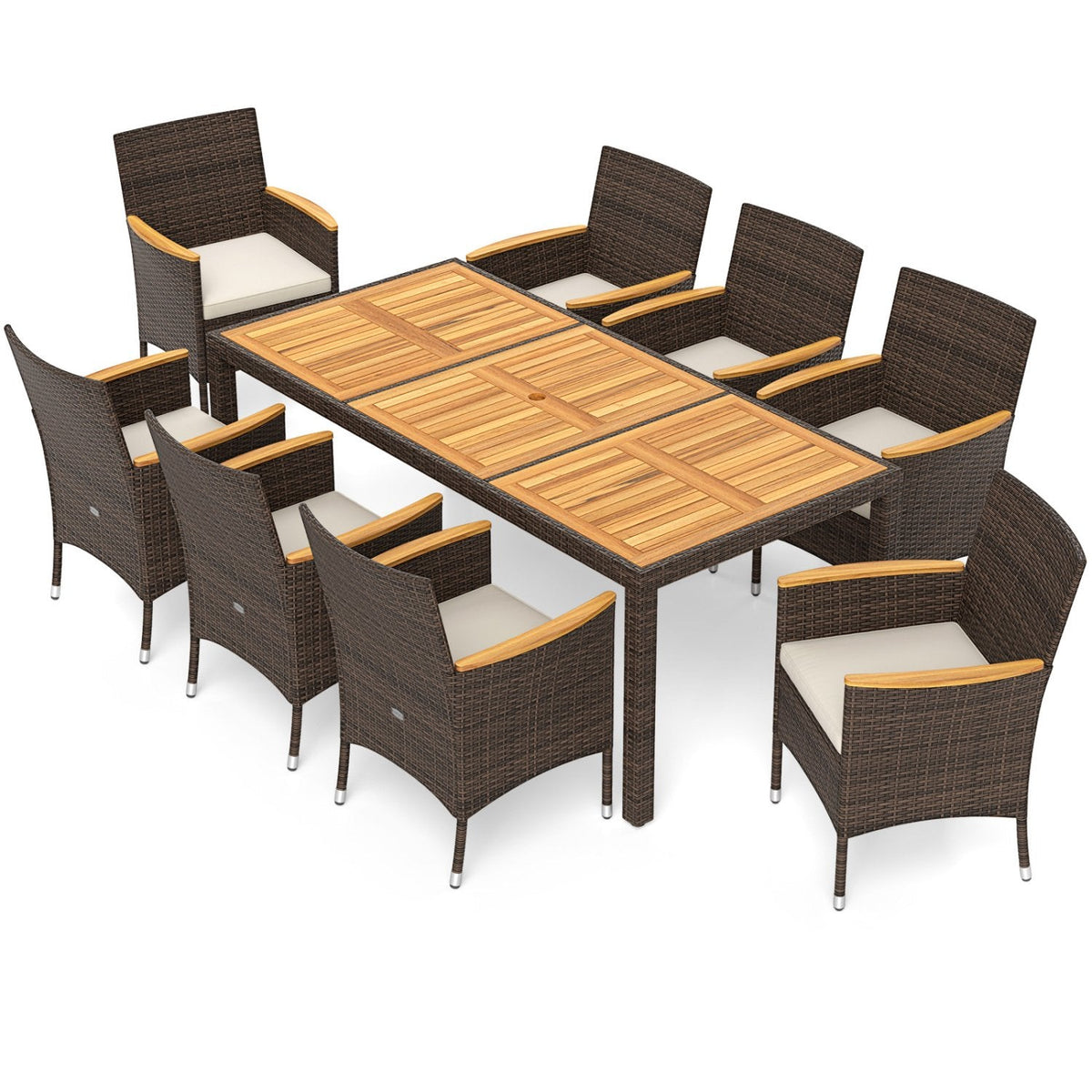 9 Piece Wicker Patio Dining Set for 8, 75 Inch Acacia Top Table and Eight Armchairs with Adjustable Front Feet, Beige