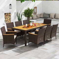 9 Piece Wicker Patio Dining Set for 8, 75 Inch Acacia Top Table and Eight Armchairs with Adjustable Front Feet, Beige