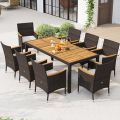 9 Piece Wicker Patio Dining Set for 8, 75 Inch Acacia Top Table and Eight Armchairs with Adjustable Front Feet, Beige