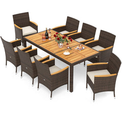 9 Piece Wicker Patio Dining Set for 8, 75 Inch Acacia Top Table and Eight Armchairs with Adjustable Front Feet, Beige