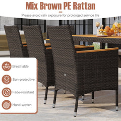 9 Piece Wicker Patio Dining Set for 8, 75 Inch Acacia Top Table and Eight Armchairs with Adjustable Front Feet, Beige