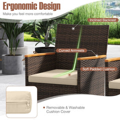 9 Piece Wicker Patio Dining Set for 8, 75 Inch Acacia Top Table and Eight Armchairs with Adjustable Front Feet, Beige
