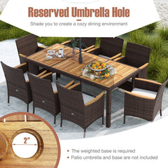 9 Piece Wicker Patio Dining Set for 8, 75 Inch Acacia Top Table and Eight Armchairs with Adjustable Front Feet, Beige