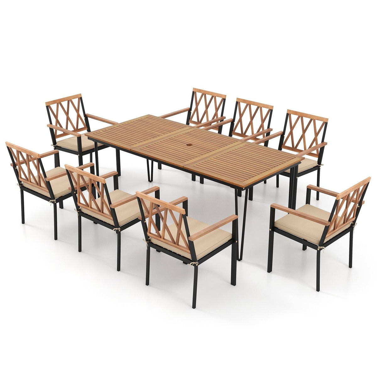 9 Piece Acacia Patio Dining Set for 8, 79 by 35.5 Inch Table with Open Legs and Eight Cross Back Armchairs