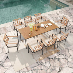 9 Piece Acacia Patio Dining Set for 8, 79 by 35.5 Inch Table with Open Legs and Eight Cross Back Armchairs