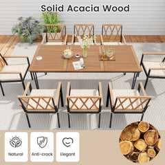 9 Piece Acacia Patio Dining Set for 8, 79 by 35.5 Inch Table with Open Legs and Eight Cross Back Armchairs