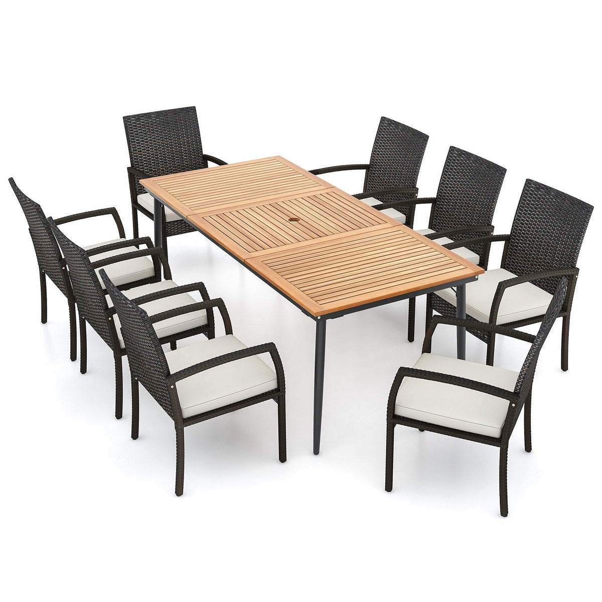 9 Piece Patio Dining Set for 8, 79 Inch Acacia Table and Eight Rattan Woven Chairs with Seat Cushions