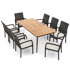 9 Piece Patio Dining Set for 8, 79 Inch Acacia Table and Eight Rattan Woven Chairs with Seat Cushions
