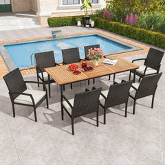 9 Piece Patio Dining Set for 8, 79 Inch Acacia Table and Eight Rattan Woven Chairs with Seat Cushions