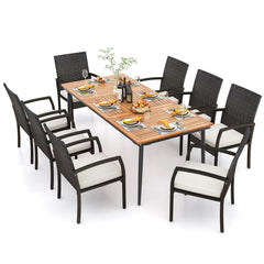 9 Piece Patio Dining Set for 8, 79 Inch Acacia Table and Eight Rattan Woven Chairs with Seat Cushions