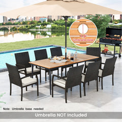 9 Piece Patio Dining Set for 8, 79 Inch Acacia Table and Eight Rattan Woven Chairs with Seat Cushions