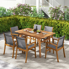 9 Piece Acacia Patio Dining Set, Extendable 55 to 71 Inch Table and Eight Sling Chairs for 6 to 8 People
