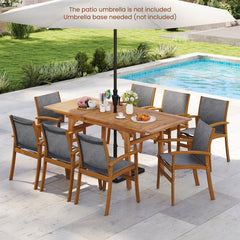 9 Piece Acacia Patio Dining Set, Extendable 55 to 71 Inch Table and Eight Sling Chairs for 6 to 8 People