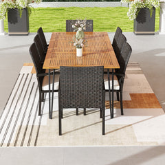 9 Piece Wicker Patio Dining Set for 8, 86.5 Inch Acacia Table on Slim Metal Legs and Eight Armchairs