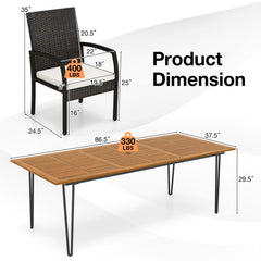 9 Piece Wicker Patio Dining Set for 8, 86.5 Inch Acacia Table on Slim Metal Legs and Eight Armchairs