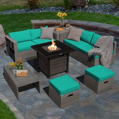 9 Piece Patio Furniture Set with 32 Inch Propane Fire Pit Table, Storage Box and 2 Ottomans, Turquoise
