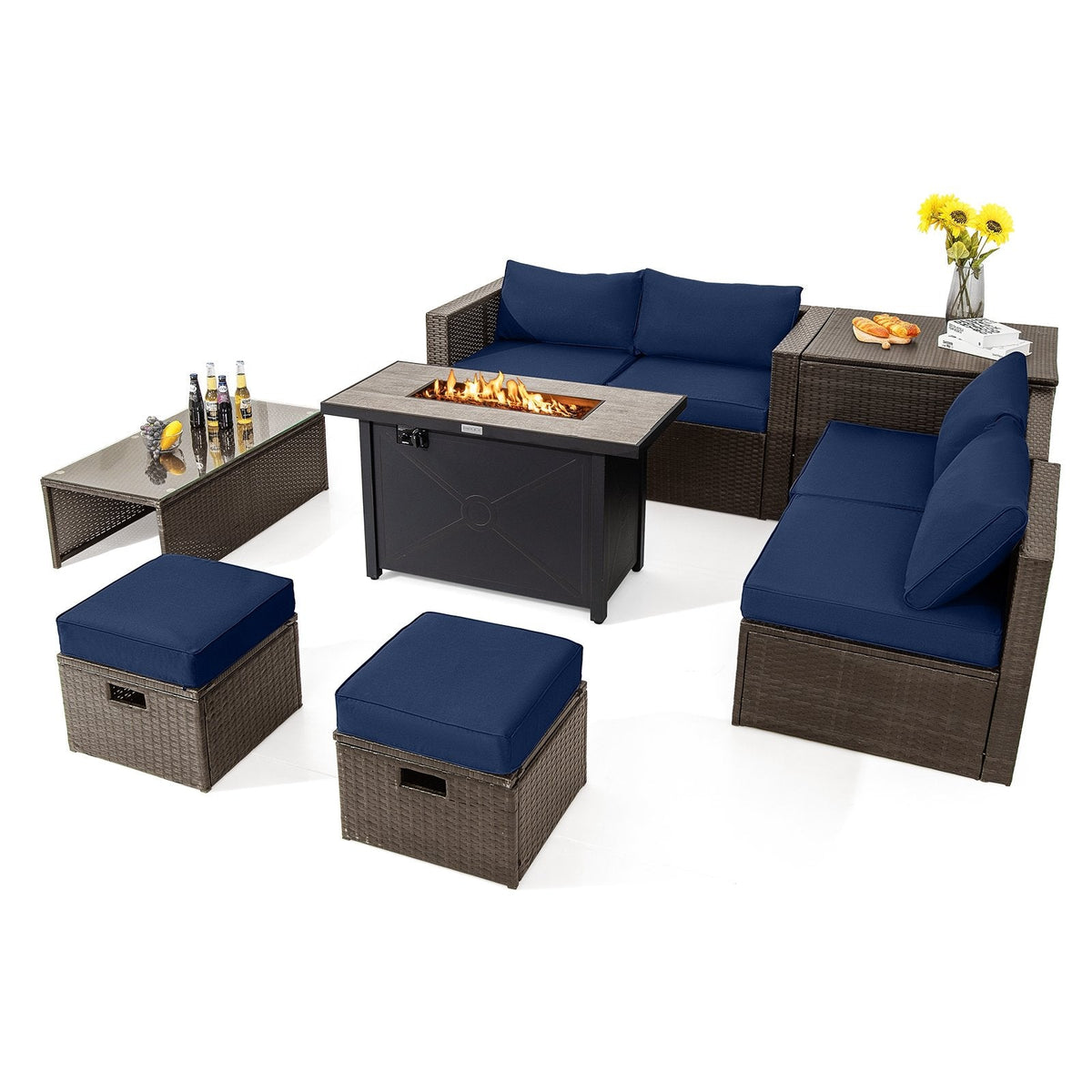 9 Piece Rattan Patio Set with 42 Inch Propane Fire Pit Table, Ceramic Tile Top and Storage, Navy