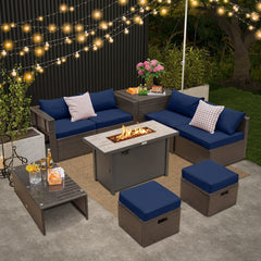 9 Piece Rattan Patio Set with 42 Inch Propane Fire Pit Table, Ceramic Tile Top and Storage, Navy