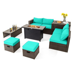 9 Piece Outdoor Rattan Set with 42 Inch Propane Fire Pit Table, Packs Down to 93 Inches, Turquoise