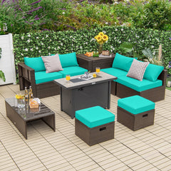 9 Piece Outdoor Rattan Set with 42 Inch Propane Fire Pit Table, Packs Down to 93 Inches, Turquoise