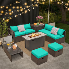 9 Piece Outdoor Rattan Set with 42 Inch Propane Fire Pit Table, Packs Down to 93 Inches, Turquoise