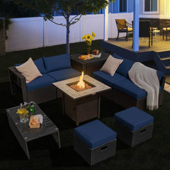 9 Piece PE Rattan Sectional with Gas Fire Pit Table, Lava Rocks, Storage Box and 2 Ottomans, Navy